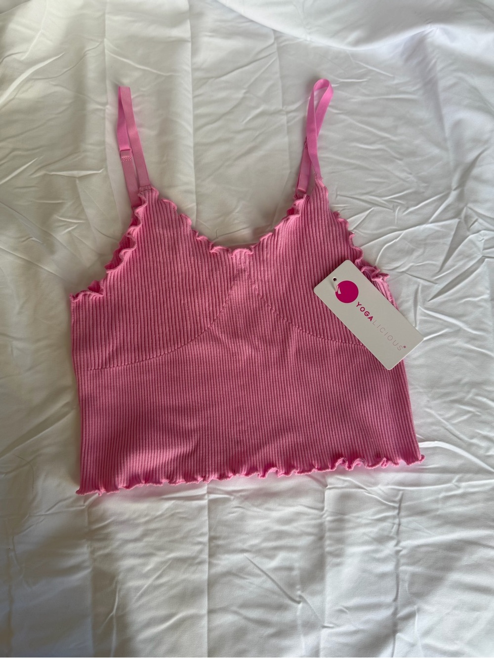 Yogalicious pink ribbed lettuce-edge cropped tank kendall style, size XL